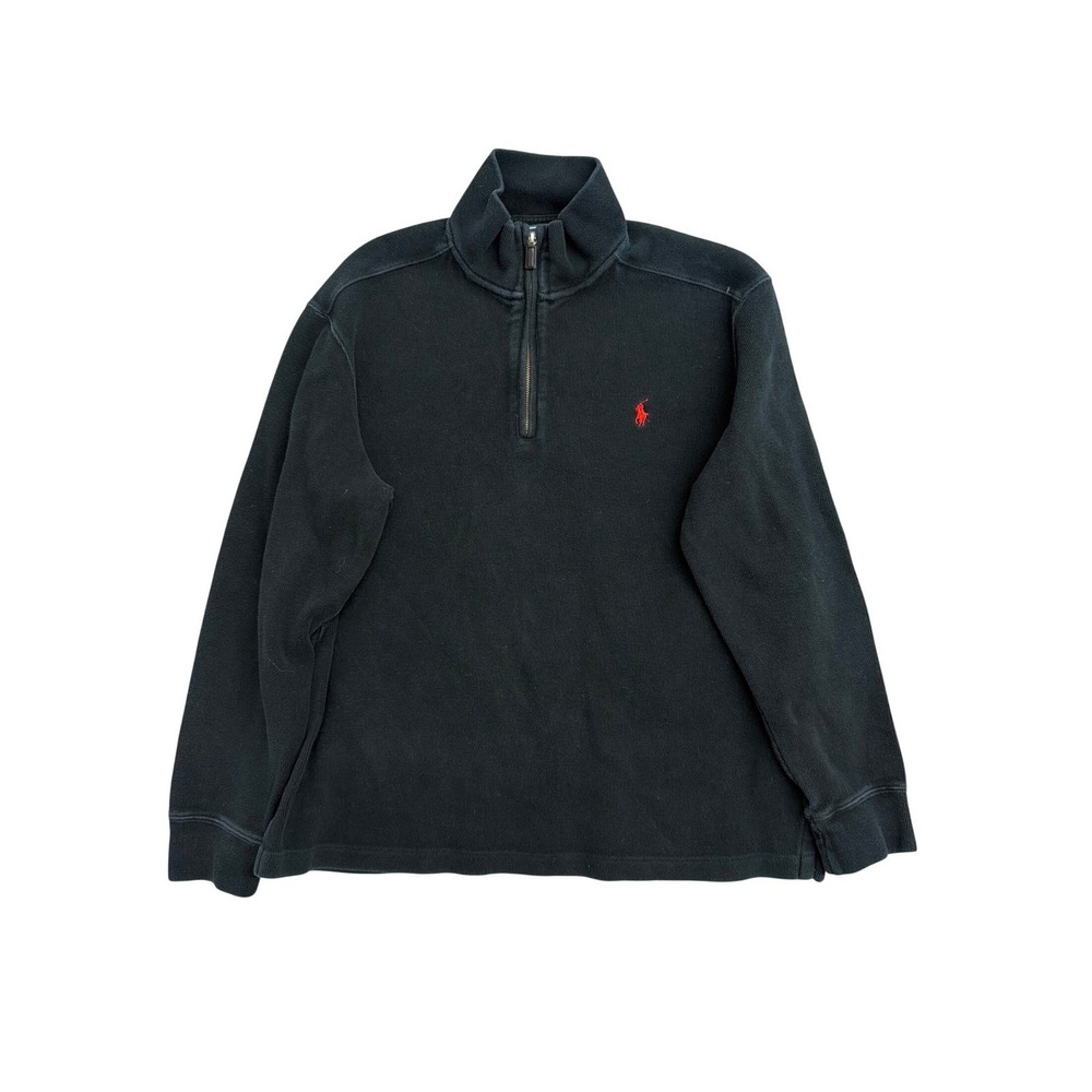 Polo Ralph Lauren‎ Mens Large Black Cotton Quarter Zip Pullover Sweater Red Pony
